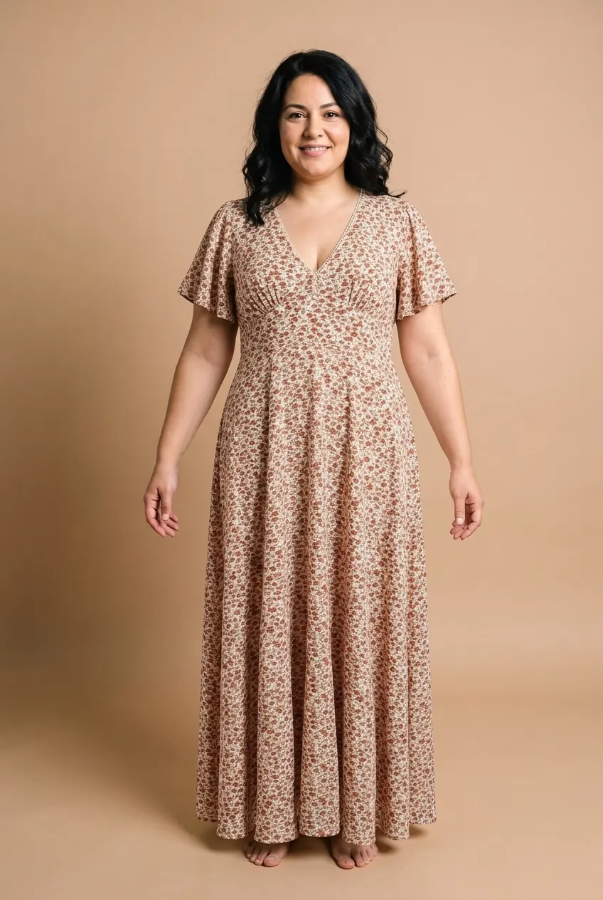 AI try-on example: the same woman in a floor-length rust and cream floral empire-waist maxi dress with flutter sleeves