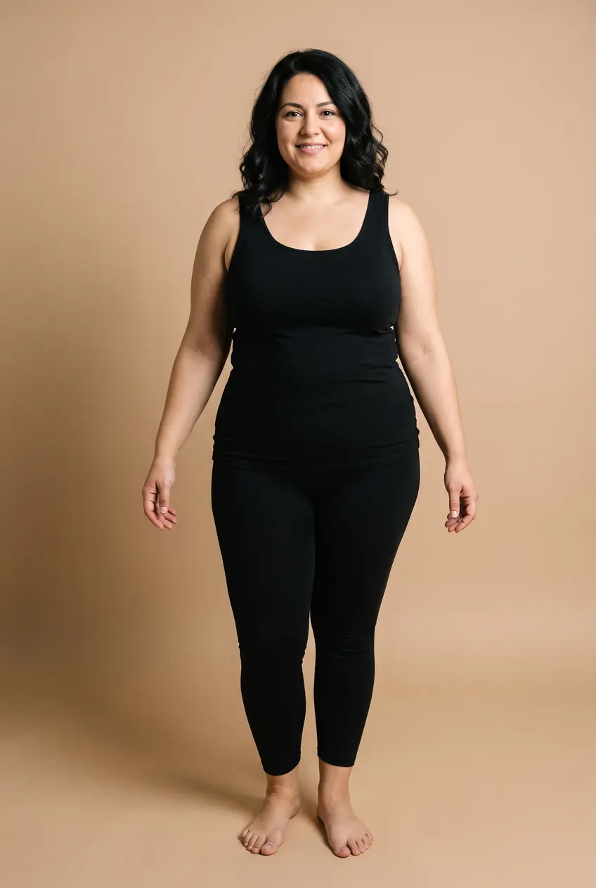 A plus-size woman with dark wavy hair in a black tank top and black leggings, standing barefoot against a tan paper backdrop