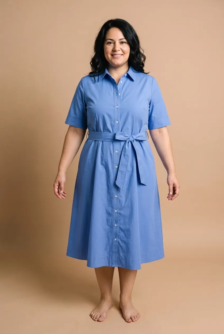 AI try-on example: a plus-size woman in a cornflower blue belted cotton shirt dress