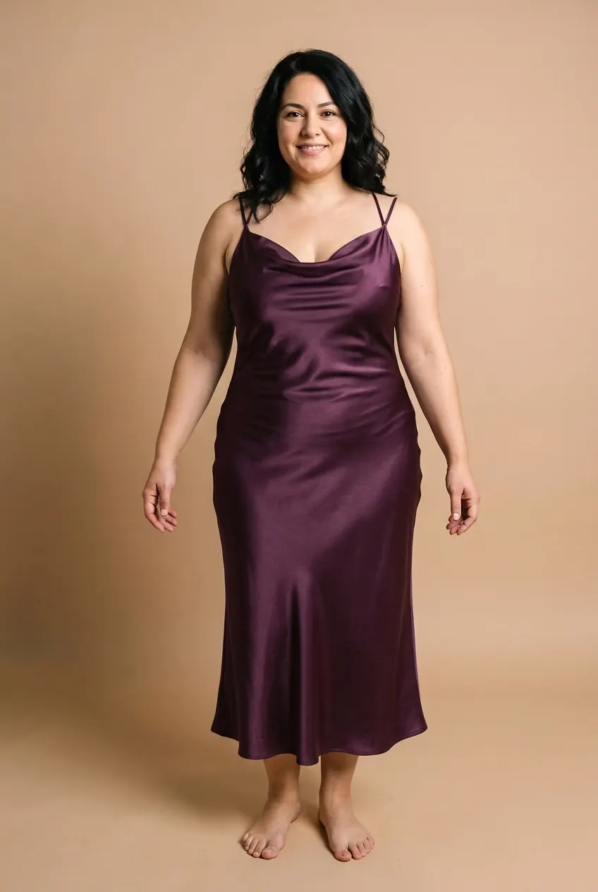 AI try-on example: the same woman in a plum satin bias-cut slip dress with a cowl neckline and thin straps