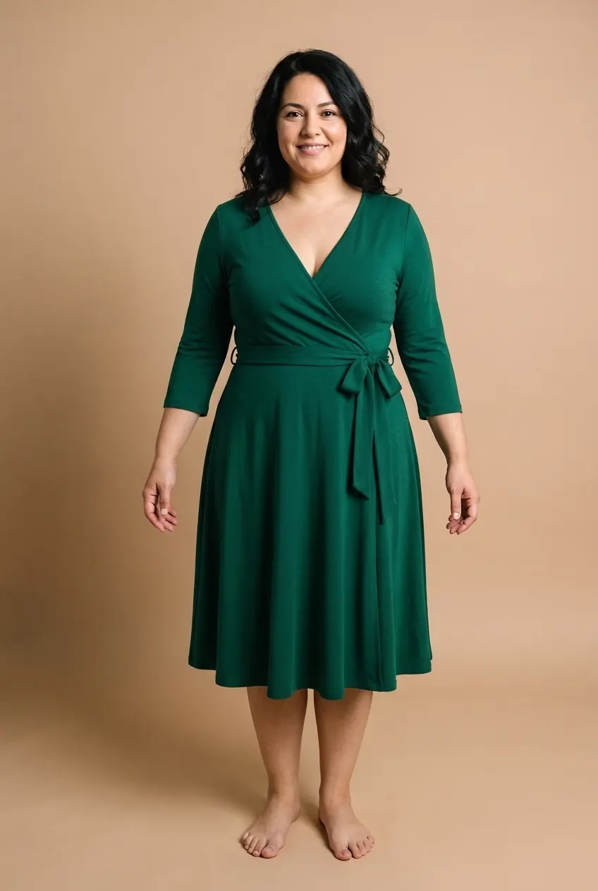 AI try-on example: the same woman in an emerald green jersey wrap dress with three-quarter sleeves and a tie waist