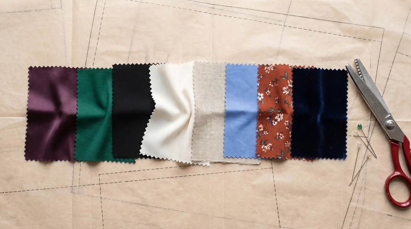 Pinked fabric swatches on pattern tissue: plum satin, emerald jersey, black crepe, ivory chiffon, oatmeal linen, blue cotton poplin, rust floral viscose and navy velvet